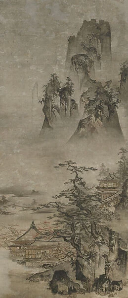Landscape: mountains, stream and houses, Muromachi period, early 16th century