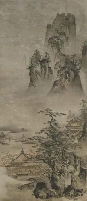Framed Print : Landscape: mountains, stream and houses, Muromachi period, early 16th century Framed Print : Landscape: mountains, stream and houses, Muromachi period, early 16th century