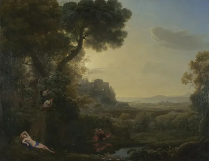 Framed Print : Landscape with Narcissus and Echo, 1644. Artist: Lorrain, Claude (1600-1682) Framed Print : Landscape with Narcissus and Echo, 1644. Artist: Lorrain, Claude (1600-1682)