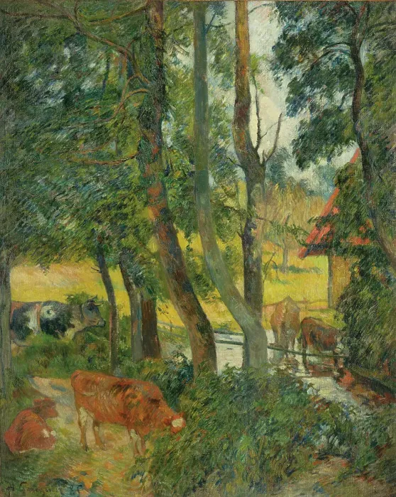 Framed Print : Landscape in Normandy (Cows at the Trough), 1885. Creator: Gauguin, Paul Eugéne Henri (1848-1903) Framed Print : Landscape in Normandy (Cows at the Trough), 1885. Creator: Gauguin, Paul Eugéne Henri (1848-1903)