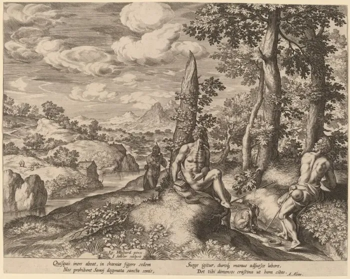 Framed Print : Landscape with Three Nude Men and a Dog. Creator: Johann Sadeler I Framed Print : Landscape with Three Nude Men and a Dog. Creator: Johann Sadeler I