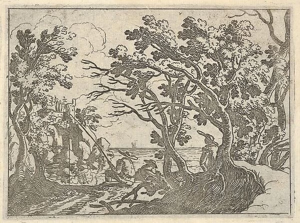 Landscape with onshore fisherman and male onlooker under trees, a man in a boat bow
