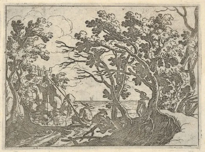 Framed Print : Landscape with onshore fisherman and male onlooker under trees, a man in a boat bow Framed Print : Landscape with onshore fisherman and male onlooker under trees, a man in a boat bow