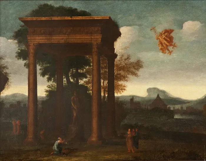 Framed Print : Landscape with Open Portico and Flying Mercury, 17th century. Creator: Andreas Achenbach Framed Print : Landscape with Open Portico and Flying Mercury, 17th century. Creator: Andreas Achenbach
