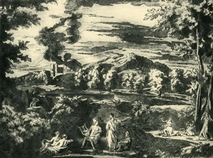 Framed Print : Landscape with Orpheus and Eurydice, mid 17th century, (1943). Creator: Nicolas Poussin Framed Print : Landscape with Orpheus and Eurydice, mid 17th century, (1943). Creator: Nicolas Poussin