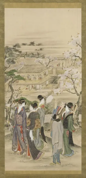 Framed Print : Landscape: parties of men and women looking at cherry blossoms Framed Print : Landscape: parties of men and women looking at cherry blossoms