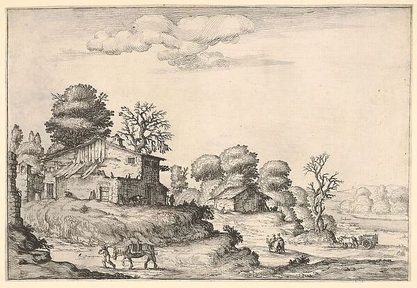 Landscape with peasant dwellings and a man leading a horse in the left foreground