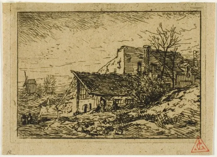Framed Print : Landscape with Peasant Dwellings and Mill, 1846. Creator: Charles Emile Jacque Framed Print : Landscape with Peasant Dwellings and Mill, 1846. Creator: Charles Emile Jacque
