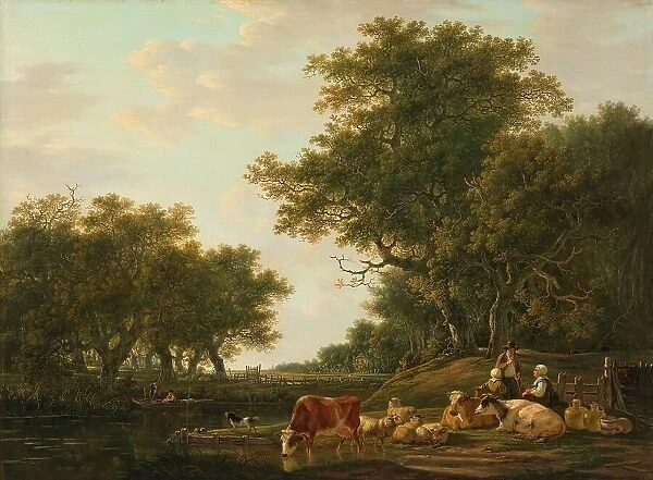 Landscape with Peasants with their Cattle and Anglers on the Water, 1800-1810. Creator: Jacob van Strij