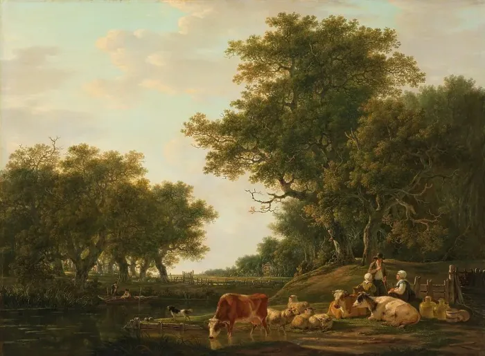 Framed Print : Landscape with Peasants with their Cattle and Anglers on the Water, 1800-1810. Creator: Jacob van Strij