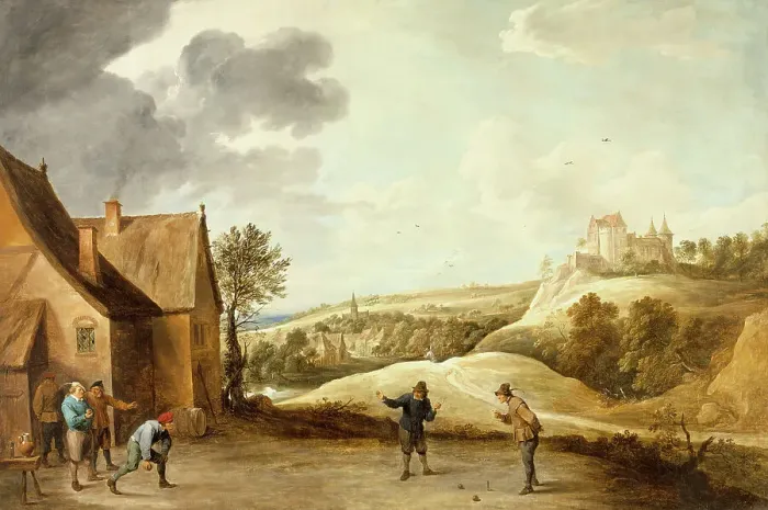 Framed Print : Landscape with Peasants Playing Bowls Outside an Inn, c1660. Creator: David Teniers II Framed Print : Landscape with Peasants Playing Bowls Outside an Inn, c1660. Creator: David Teniers II
