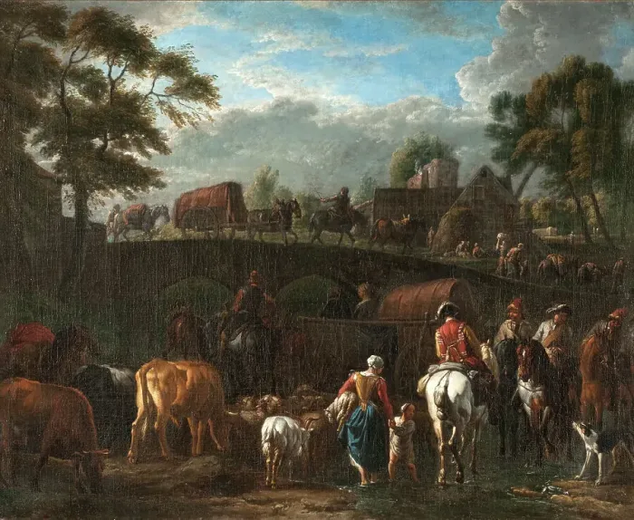 Framed Print : Landscape with Peasants, Soldiers and Cattle. Creator: Pieter van Bloemen Framed Print : Landscape with Peasants, Soldiers and Cattle. Creator: Pieter van Bloemen