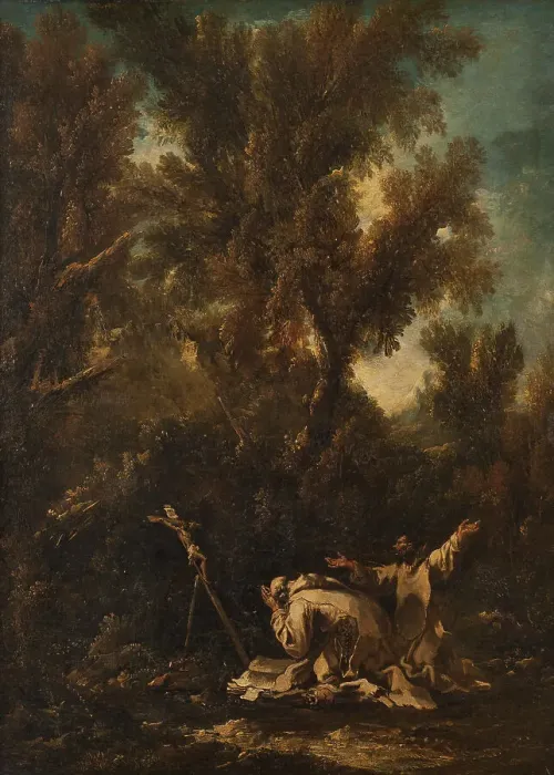 Framed Print : Landscape with two penitent monks, late 17th-mid 18th century. Creator: Alessandro Magnasco Framed Print : Landscape with two penitent monks, late 17th-mid 18th century. Creator: Alessandro Magnasco