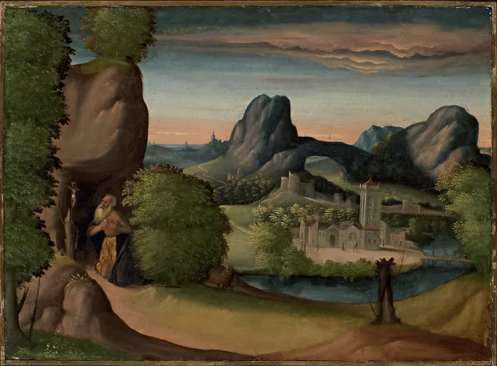 Framed Print : Landscape with the Penitent Saint Jerome, c1530. Creator: Coda, Benedetto (c. 1460-1535) Framed Print : Landscape with the Penitent Saint Jerome, c1530. Creator: Coda, Benedetto (c. 1460-1535)