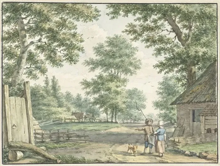 Framed Print : Landscape with two people near a farmhouse, 1750-1818. Creator: Izaak Schmidt Framed Print : Landscape with two people near a farmhouse, 1750-1818. Creator: Izaak Schmidt