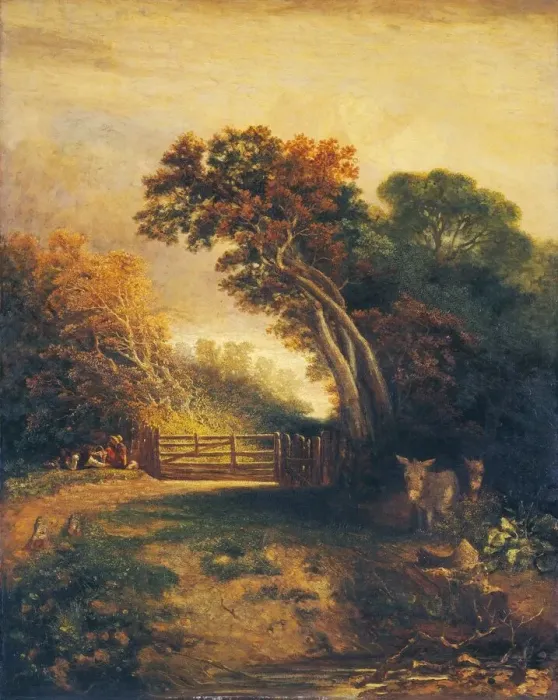 Framed Print : Landscape with Picnickers and Donkeys by a Gate, c. 1830-1880. Creator: Joseph Paul Framed Print : Landscape with Picnickers and Donkeys by a Gate, c. 1830-1880. Creator: Joseph Paul