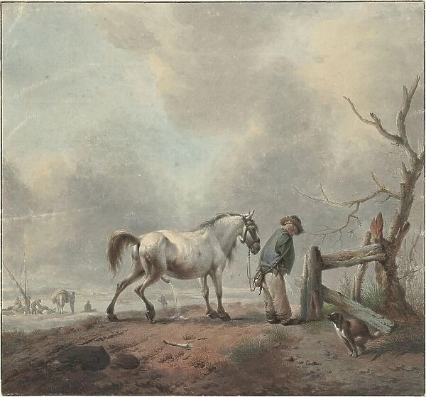 Landscape with pissing man, horse and dog, 1759. Creator: Jan Augustini