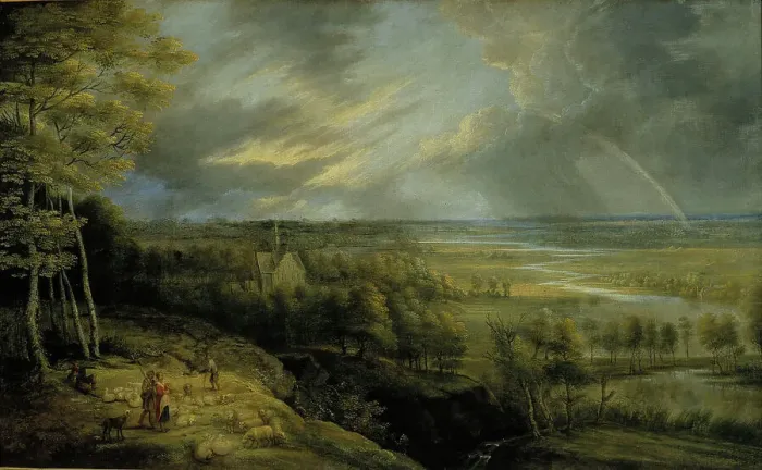 Framed Print : Landscape with rainbow, shepherds and sheep, 1648. Creator: Lucas van Uden Framed Print : Landscape with rainbow, shepherds and sheep, 1648. Creator: Lucas van Uden