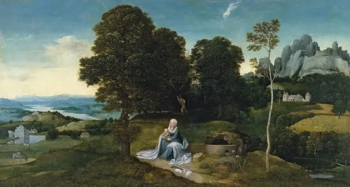 Framed Print : Landscape with the Rest on the Flight into Egypt, 1518. Creator: Joachim Patinir