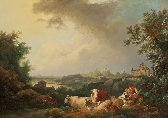 Framed Print : Landscape with Resting Cattle, 1767. Creator: Philip James de Loutherbourg Framed Print : Landscape with Resting Cattle, 1767. Creator: Philip James de Loutherbourg