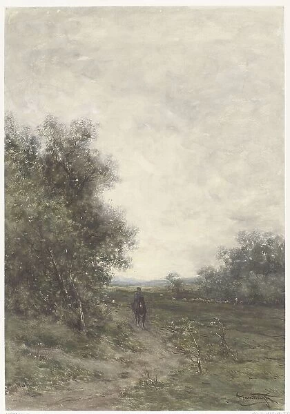 Landscape with a rider and a herd of sheep with shepherd, 1856-1892. Creator: Jan Vrolijk