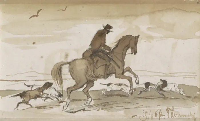 Framed Print : Landscape with a rider and running dogs, 1864. Creator: Johannes Tavenraat Framed Print : Landscape with a rider and running dogs, 1864. Creator: Johannes Tavenraat