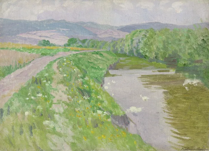 Framed Print : Landscape with a river, 1890-1910. Creator: Ferdinand Katona Framed Print : Landscape with a river, 1890-1910. Creator: Ferdinand Katona