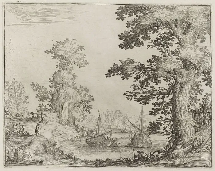 Framed Print : Landscape and River with Anchored Vessels, 1638. Creator: Ercole Bazicaluva Framed Print : Landscape and River with Anchored Vessels, 1638. Creator: Ercole Bazicaluva