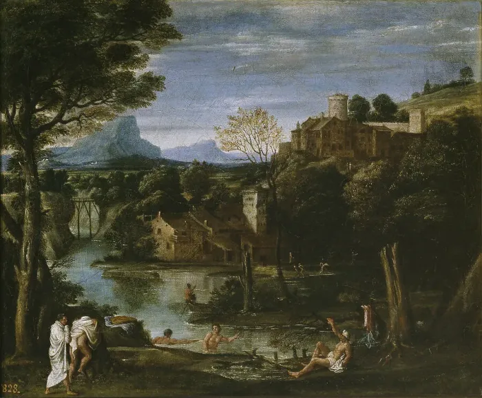 Framed Print : Landscape with river and bathers. Artist: Carracci, Annibale (1560-1609) Framed Print : Landscape with river and bathers. Artist: Carracci, Annibale (1560-1609)