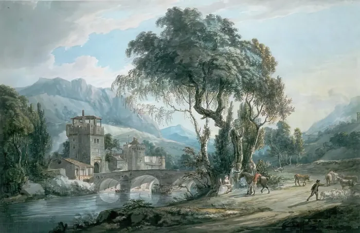 Framed Print : Landscape with River and Bridge, 1750-1774. Creator: Paul Sandby Framed Print : Landscape with River and Bridge, 1750-1774. Creator: Paul Sandby