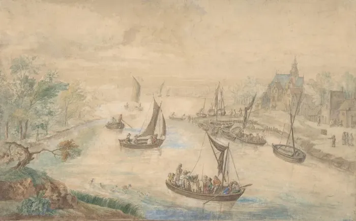 Framed Print : Landscape with River in the Center, with Ferryboat, 18th century (?). Creator: Anon Framed Print : Landscape with River in the Center, with Ferryboat, 18th century (?). Creator: Anon