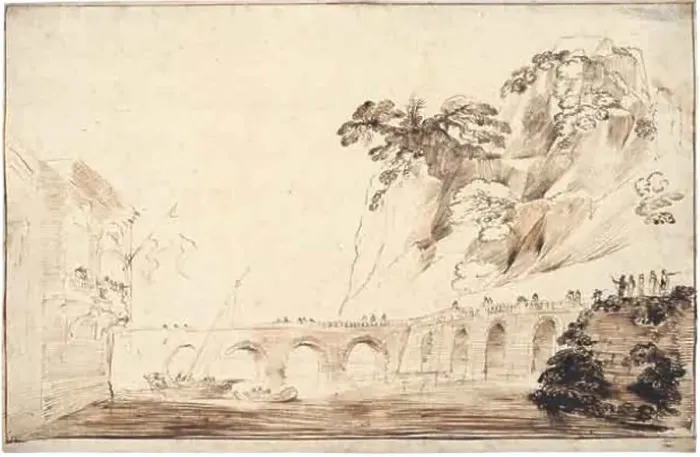 Framed Print : Landscape with a River Crossed by a Bridge, Lined with Spectators, Leading to a... c.1630. Creator: Guercino Framed Print : Landscape with a River Crossed by a Bridge, Lined with Spectators, Leading to a... c.1630. Creator: Guercino