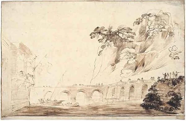 Landscape with a River Crossed by a Bridge, Lined with Spectators, Leading to a... c.1630. Creator: Guercino