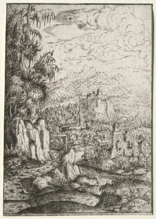 Framed Print : Landscape with a Road to a Castle on an Island in a River, 1554. Creator: Hanns Lautensack (German Framed Print : Landscape with a Road to a Castle on an Island in a River, 1554. Creator: Hanns Lautensack (German