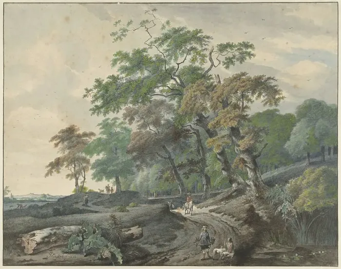 Framed Print : Landscape with a road through a forest and a falconer, 1801. Creator: Gerard van Nijmegen Framed Print : Landscape with a road through a forest and a falconer, 1801. Creator: Gerard van Nijmegen