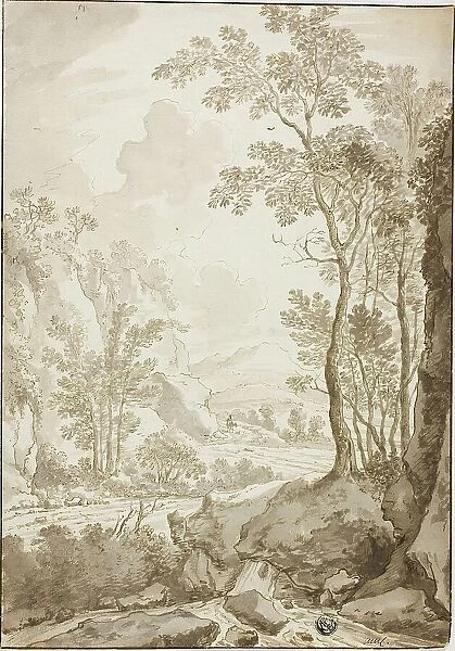 Landscape of Road through Trees and Hills; Figure on Donkey in Distance, 1638 / 1710. Creators: Unknown, Jan Hackaert