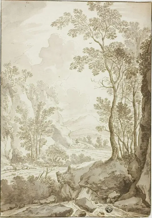 Framed Print : Landscape of Road through Trees and Hills; Figure on Donkey in Distance, 1638 / 1710. Creators: Unknown, Jan Hackaert Framed Print : Landscape of Road through Trees and Hills; Figure on Donkey in Distance, 1638 / 1710. Creators: Unknown, Jan Hackaert