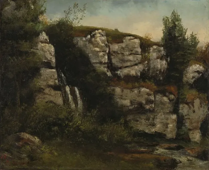 Framed Print : Landscape with Rocky Cliffs and a Waterfall, 1872. Creator: Gustave Courbet Framed Print : Landscape with Rocky Cliffs and a Waterfall, 1872. Creator: Gustave Courbet