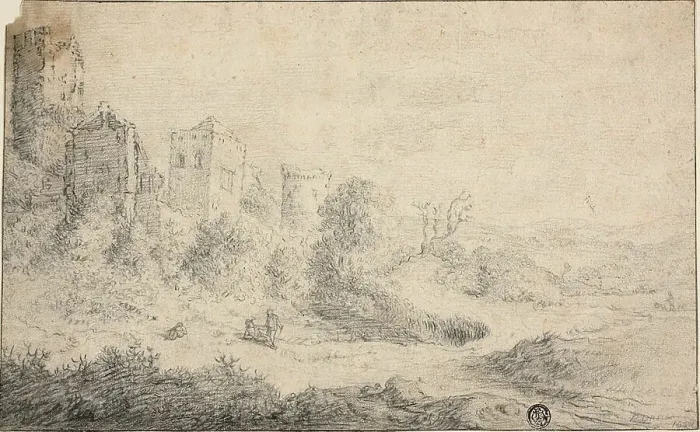 Framed Print : Landscape with Ruined Castle and Three Figures, 1664. Creator: Pieter Molijn Framed Print : Landscape with Ruined Castle and Three Figures, 1664. Creator: Pieter Molijn