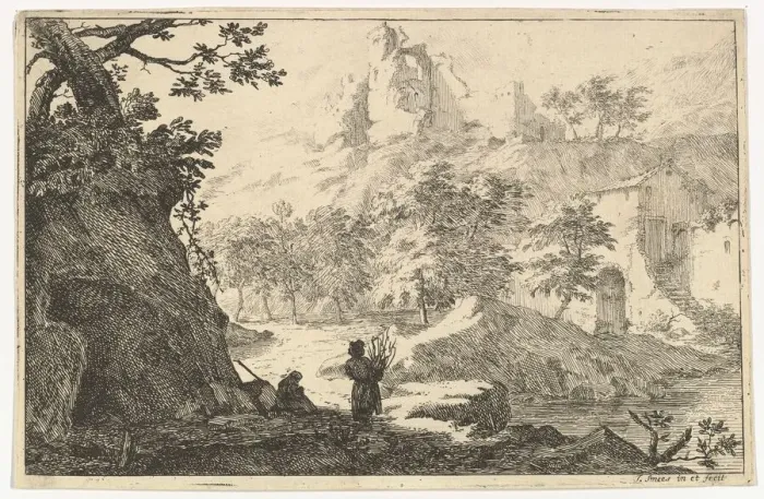 Framed Print : Landscape with Ruins of a Castle on a Hill, early 18th century. Creator: Jan Smees Framed Print : Landscape with Ruins of a Castle on a Hill, early 18th century. Creator: Jan Smees