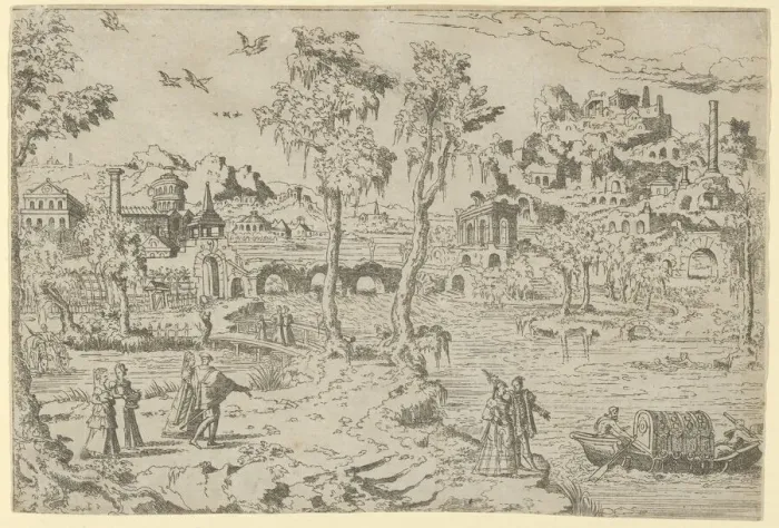 Framed Print : Landscape with ruins, courtiers, and a gondola, 1526-50. Creator: Leon Davent Framed Print : Landscape with ruins, courtiers, and a gondola, 1526-50. Creator: Leon Davent
