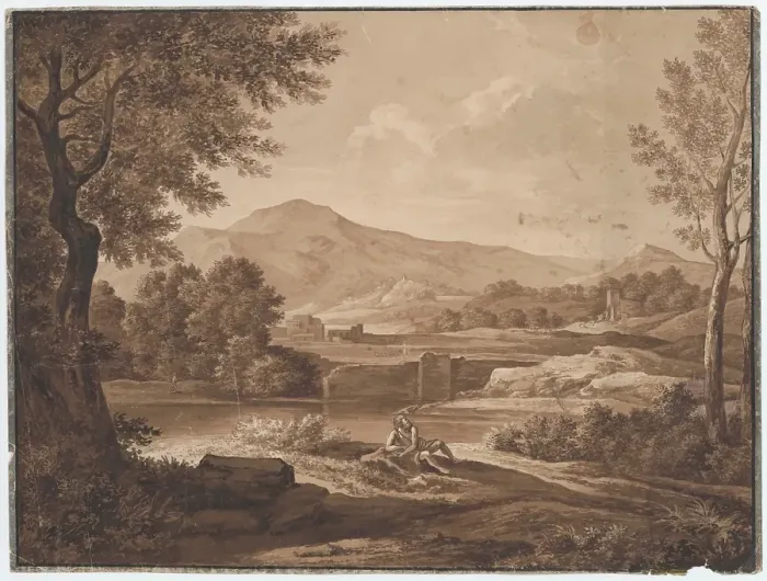 Framed Print : Landscape with ruins and figurative staff, around 1800. Creator: Unknown Framed Print : Landscape with ruins and figurative staff, around 1800. Creator: Unknown