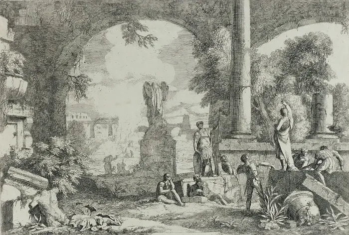 Framed Print : Landscape with Ruins and a Headless Statue, after 1720. Creator: Marco Ricci Framed Print : Landscape with Ruins and a Headless Statue, after 1720. Creator: Marco Ricci