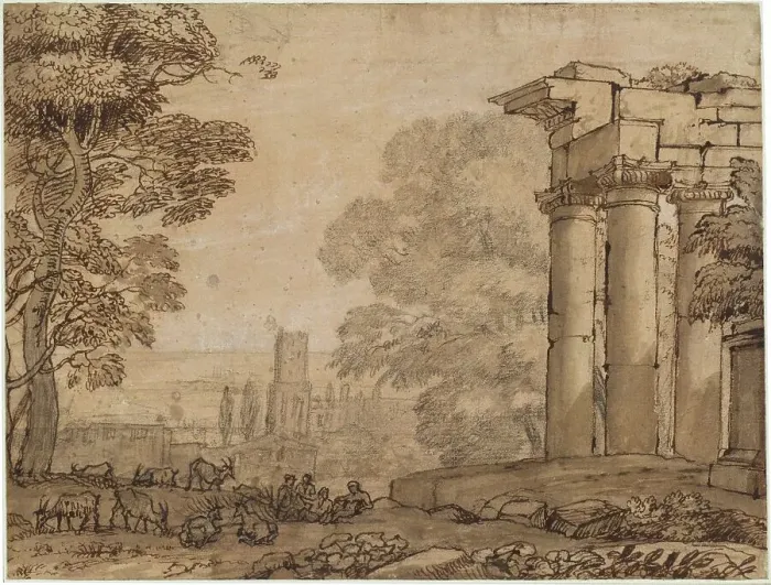 Framed Print : Landscape with Ruins, Pastoral Figures, and Trees, c. 1650. Creator: Claude Lorrain Framed Print : Landscape with Ruins, Pastoral Figures, and Trees, c. 1650. Creator: Claude Lorrain