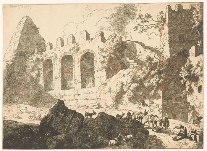 Framed Print : Landscape with ruins and a pyramid, 1769. Creator: Christian Wilhelm Ernst Dietrich Framed Print : Landscape with ruins and a pyramid, 1769. Creator: Christian Wilhelm Ernst Dietrich