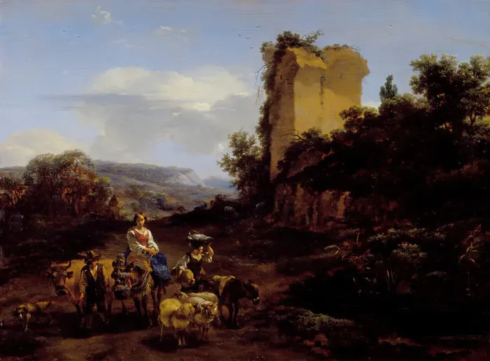 Framed Print : Landscape with Ruins and Travelers, 1654. Creator: Nicolaes Berchem Framed Print : Landscape with Ruins and Travelers, 1654. Creator: Nicolaes Berchem
