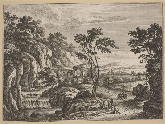 Framed Print : Landscape with Ruins and a Waterfall. Creator: Johann Christoph Dietzsch Framed Print : Landscape with Ruins and a Waterfall. Creator: Johann Christoph Dietzsch