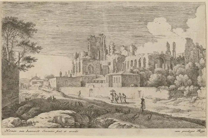 Framed Print : Landscape with Ruins and a Woman with a Parasol. Creator: Herman van Swanevelt Framed Print : Landscape with Ruins and a Woman with a Parasol. Creator: Herman van Swanevelt