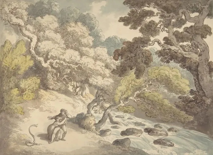 Framed Print : Landscape with rushing stream and a couple on the bank, frightened by a snake, 1775-1827 Framed Print : Landscape with rushing stream and a couple on the bank, frightened by a snake, 1775-1827