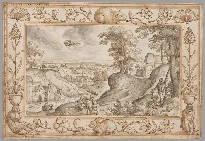 Framed Print : Landscape with the Sacrifice of Isaac within a Decorative Border of Plants and Animals, 1584. Creator: Hans Bol Framed Print : Landscape with the Sacrifice of Isaac within a Decorative Border of Plants and Animals, 1584. Creator: Hans Bol
